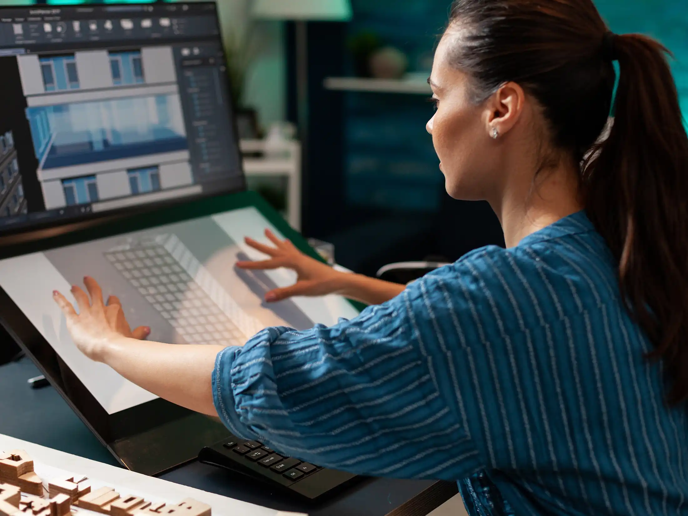 Professional woman architect working on building plan
