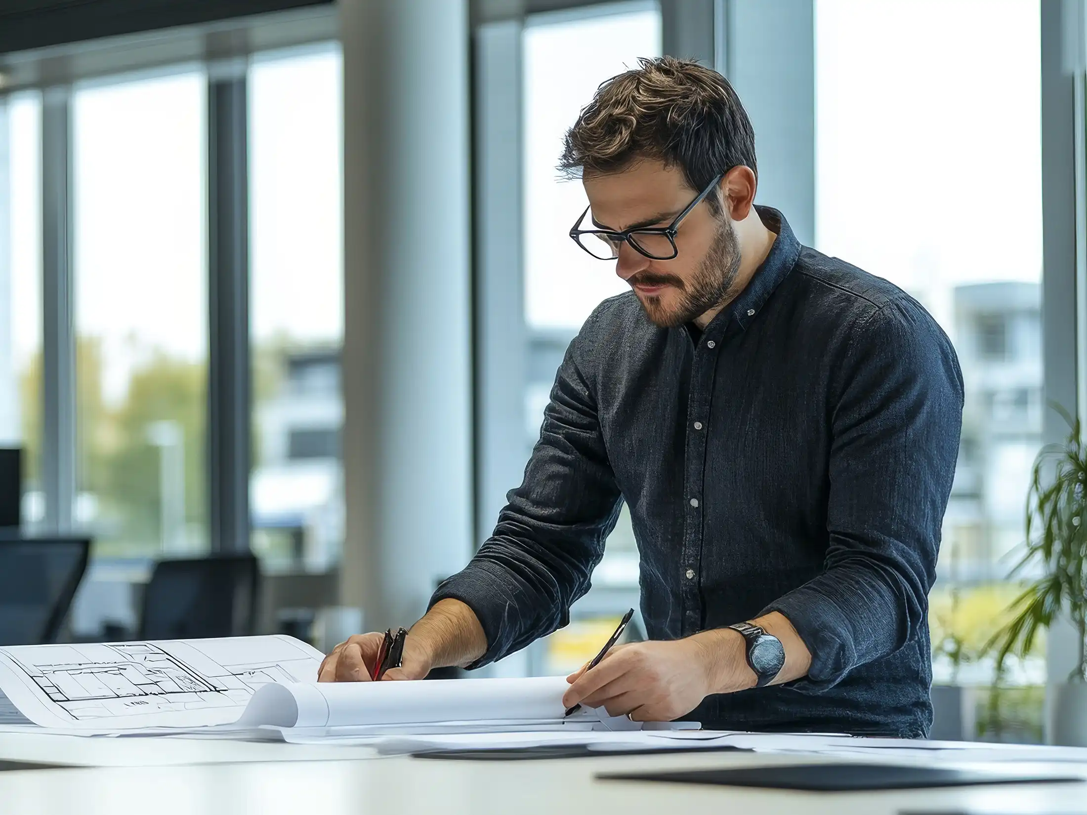 Modern Office with Architect Working on Blueprints Modern Office with Architect Working on Blueprints