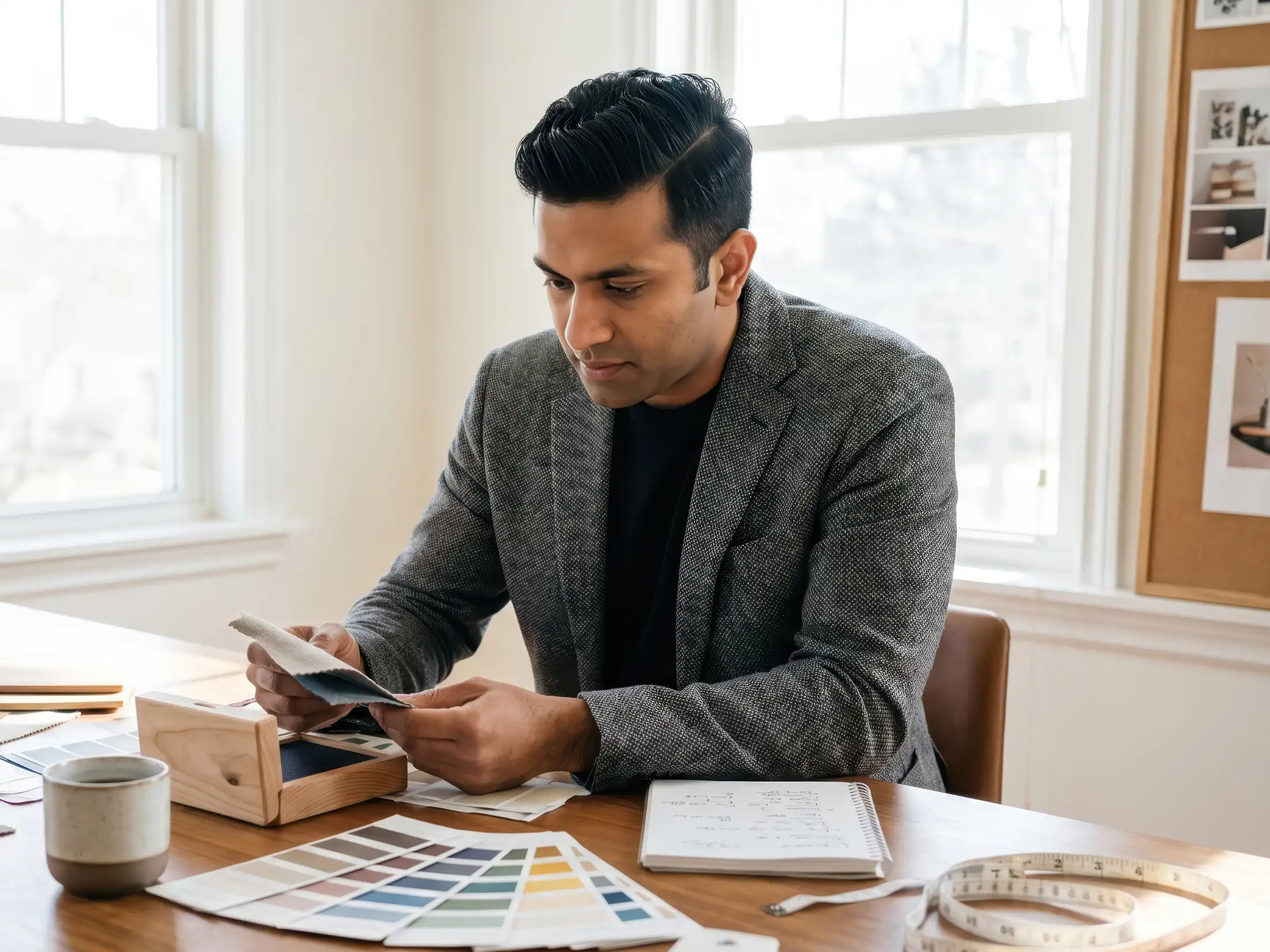 male interior designer reviewing fabric swatches