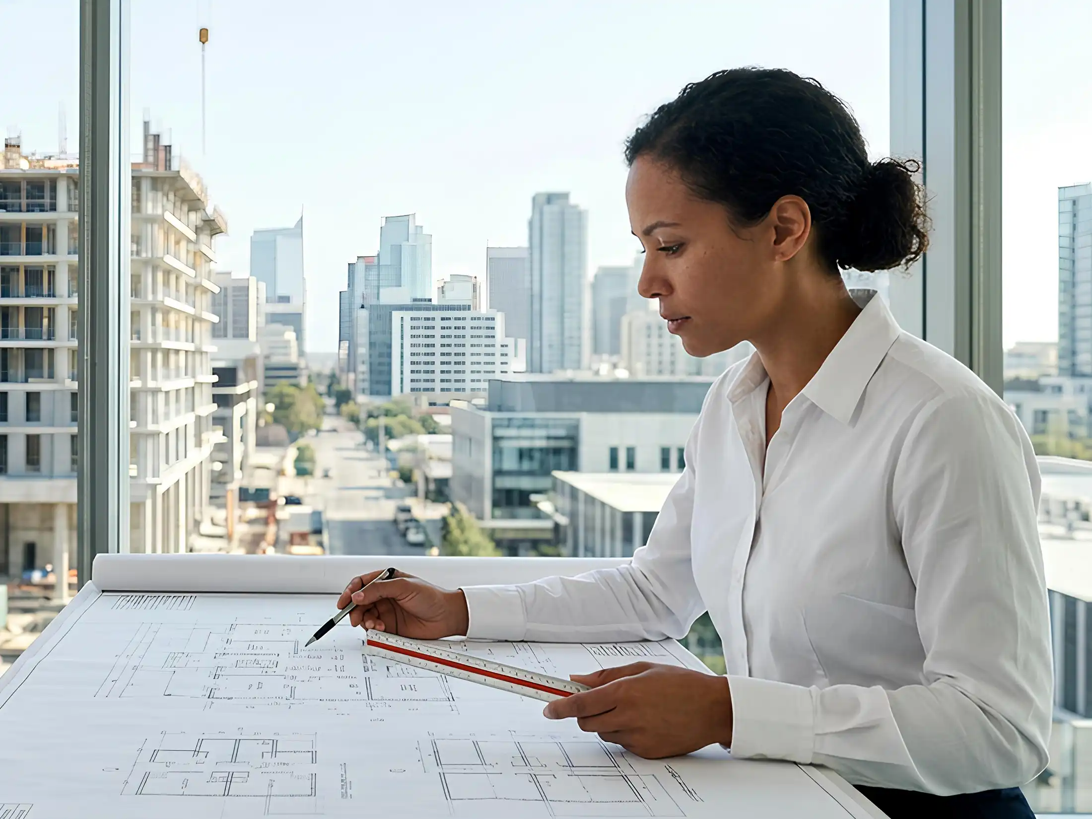 Professional female architect in white shirt examining blueprints